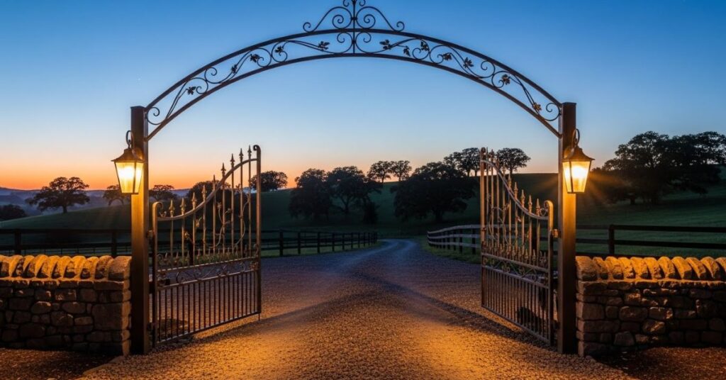 Arched Farm Gate with Iron Details and Lantern Lighting