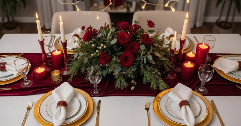 Burgundy Table Settings and Centerpieces