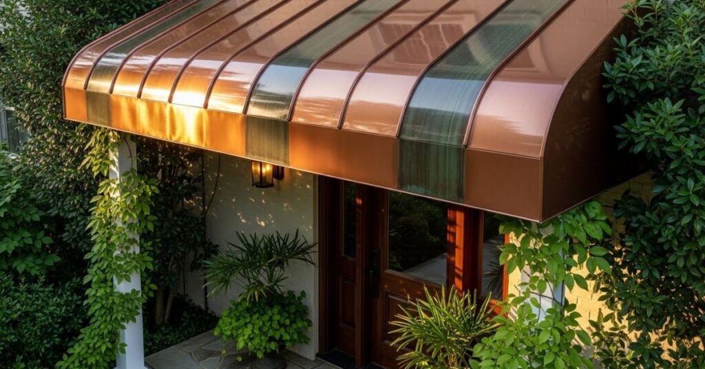 Copper-Tone Metal Awning That Ages into a Beautiful Patina