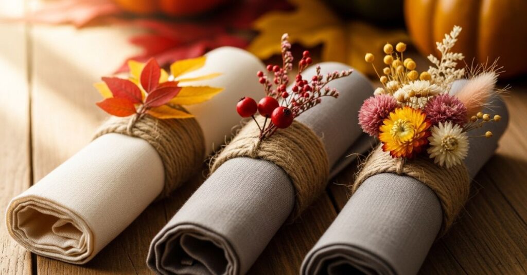 DIY Napkin Rings Using Twine and Fall Foliage