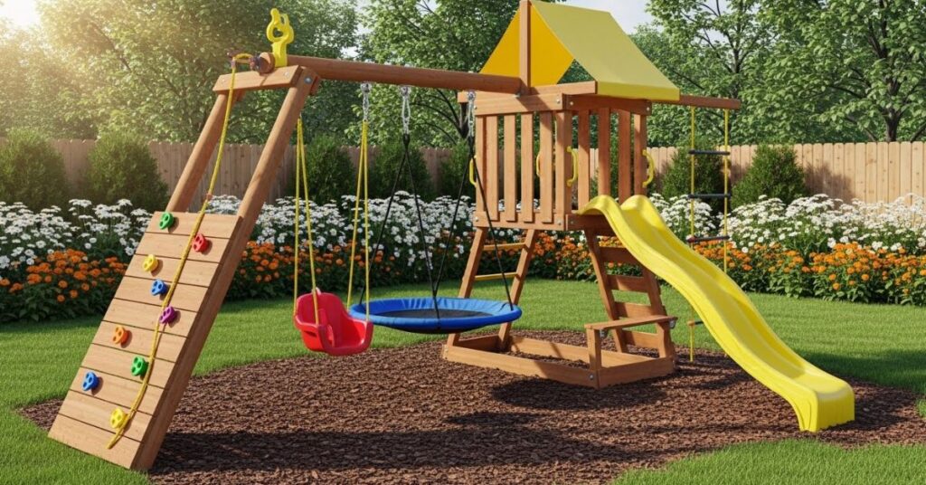 DIY Swing Set with Built-In Slide and Climbing Wall