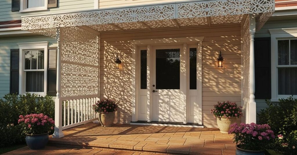 Decorative Metal Awning with Intricate Cut-Out Patterns