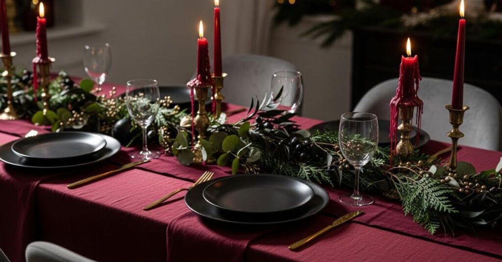 Gothic Christmas Tablescape in Deep Burgundy