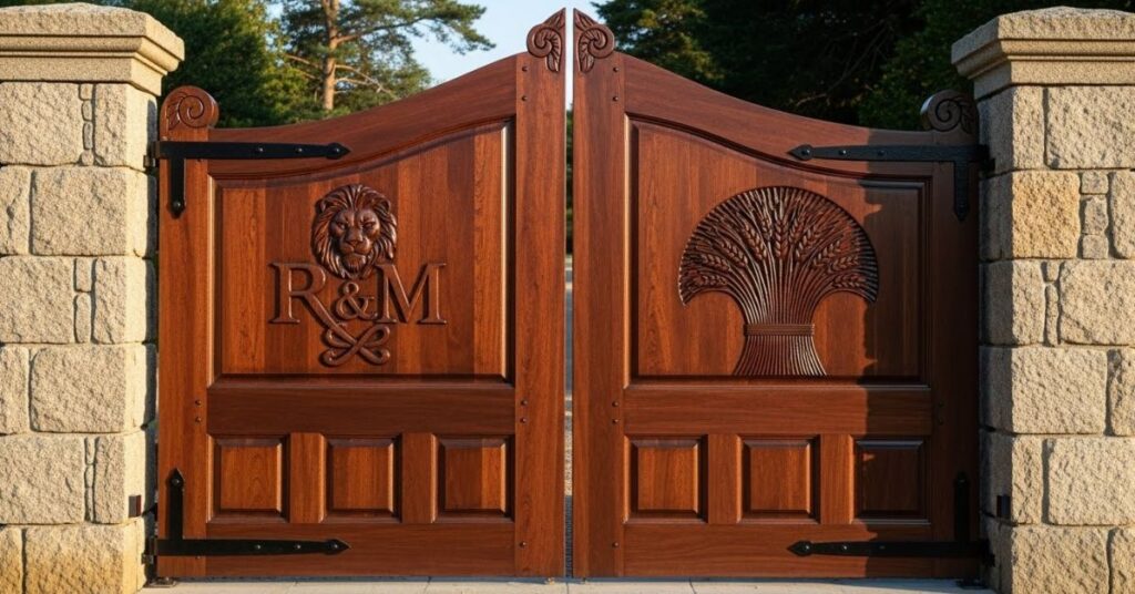 Heavy Timber Gate with Carved Farm Emblems 1