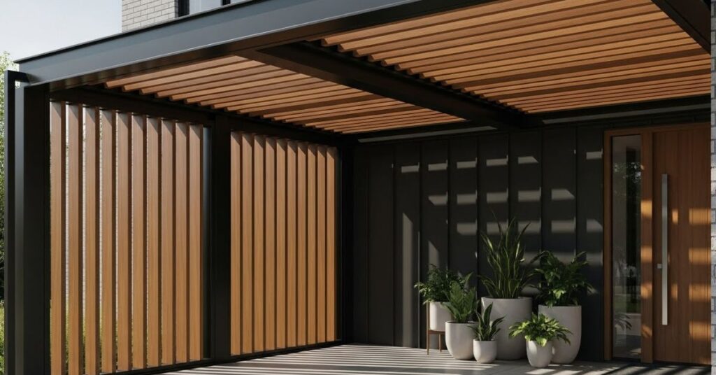 Mixed-Material Awning Combining Metal and Wood Accents