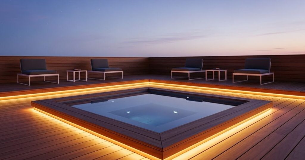 Modern Deck-Built Jacuzzi with Ambient Lighting