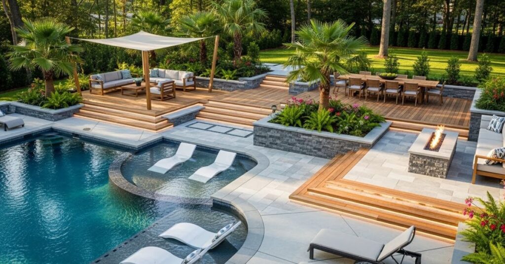 Multi-Level Pool Deck Plans for Visual Depth