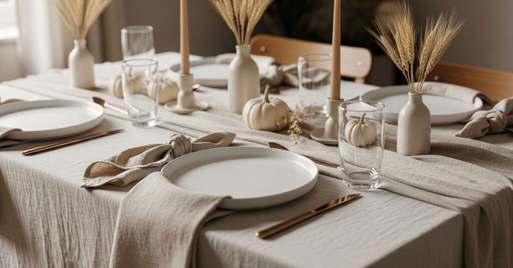 Neutral Tone Thanksgiving Tablescape With Soft Linens