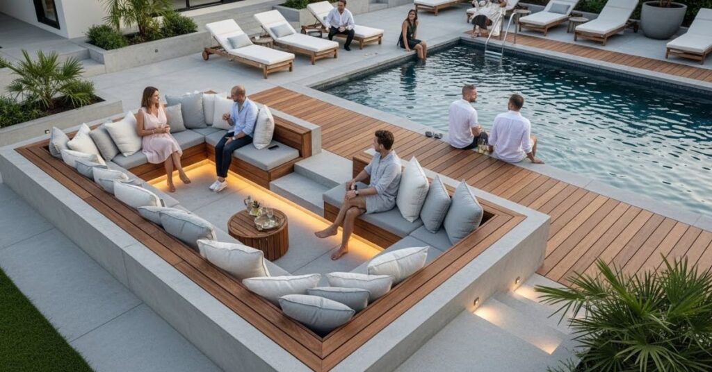 Pool Deck Plans with Built-In Seating Areas