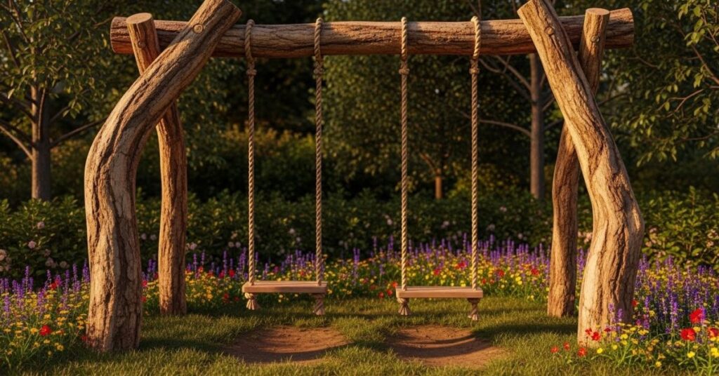Rustic Log-Style Swing Set for a Natural Backyard Look