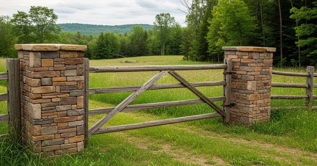 Split-Rail Gate with Natural Stone Pillars