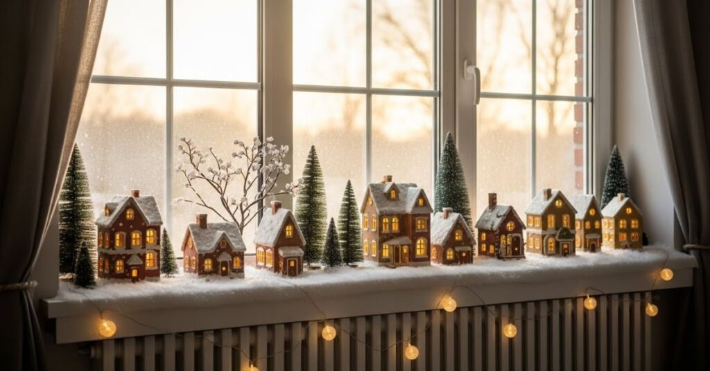 Window Sill Snowy Village Scene