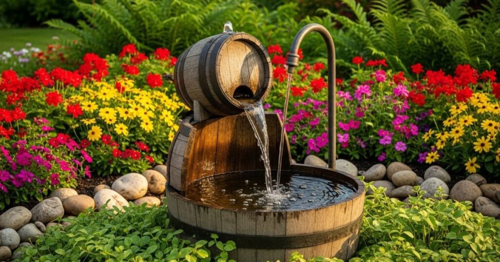 Wooden Barrel Fountain with Spout