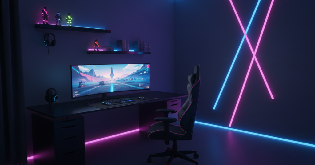 Chic Gaming Room With LED Vibes With Vibrant Immersive Glow!