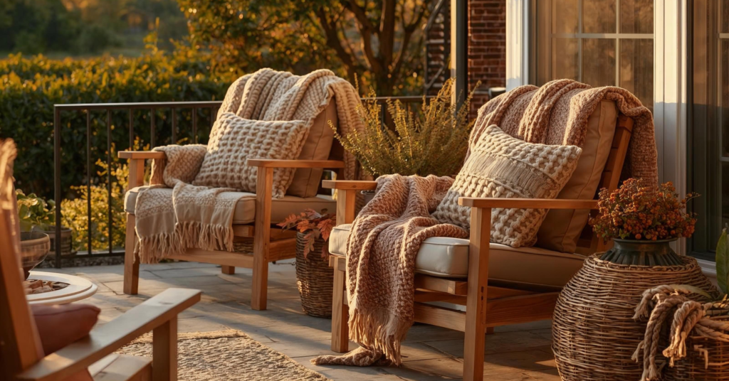 Cozy Outdoor Seating With Fall Textures makes your patio warm