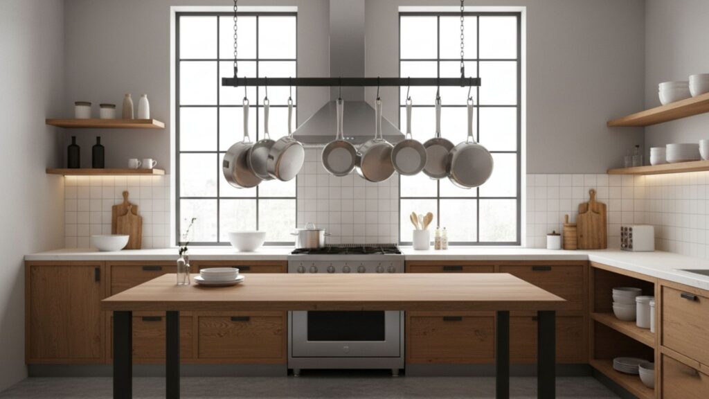 Hanging Pot Racks to Free Up Cabinets space and adds a modern