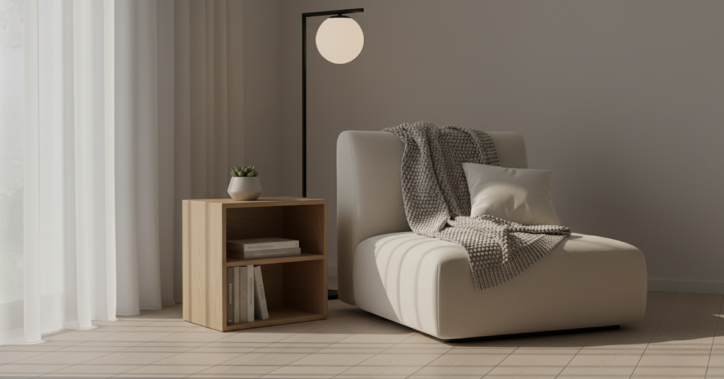 minimalist reading room cozy accents