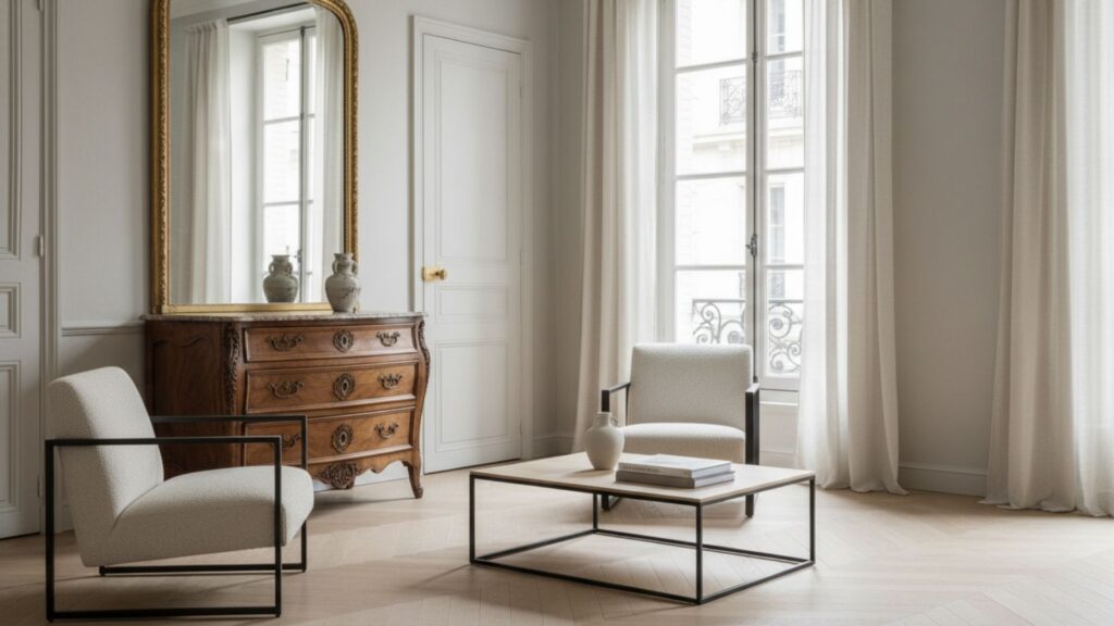 mixing vintage french pieces with modern minimalist decor balanced style