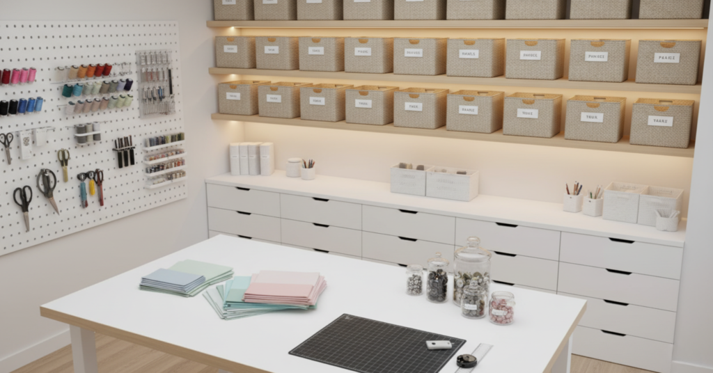 Modern Craft Room uses clean shelves With Chic Storage