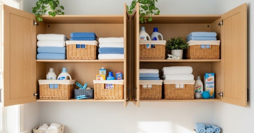 Open Cabinets with Decorative Storage Baskets
