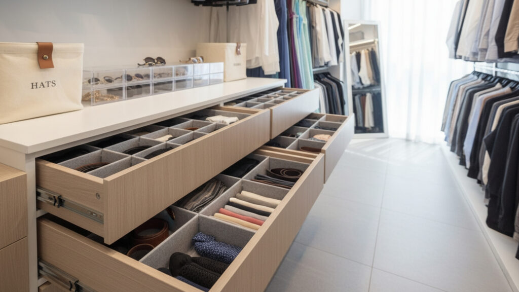 add drawer dividers and storage bins for small closet items