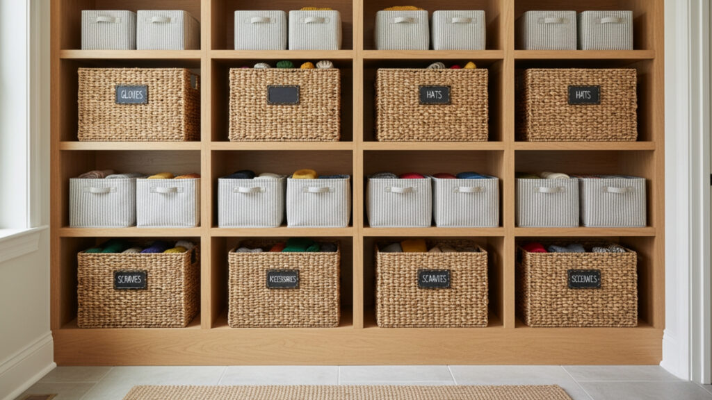 Baskets and Bins for Flexible Mud Room Organization Ideas