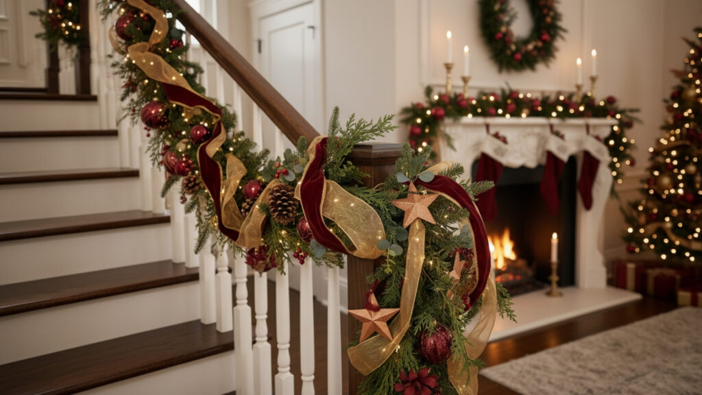 burgundy christmas garland diy stair mantel