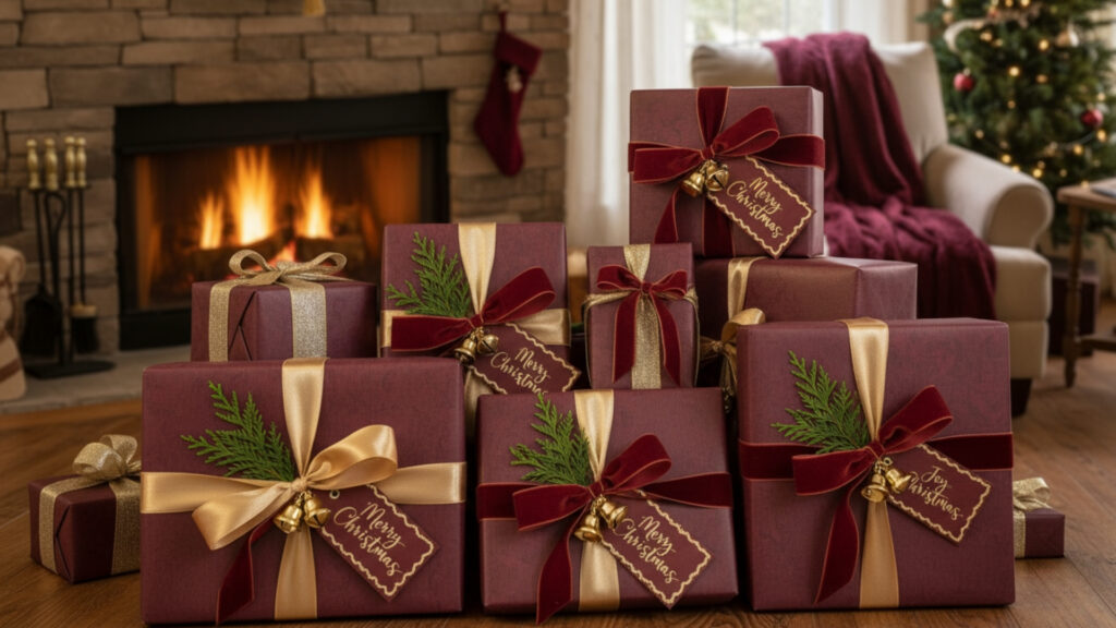 diy burgundy christmas gift wrap tags