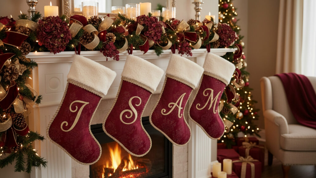 diy burgundy christmas stockings fireplace