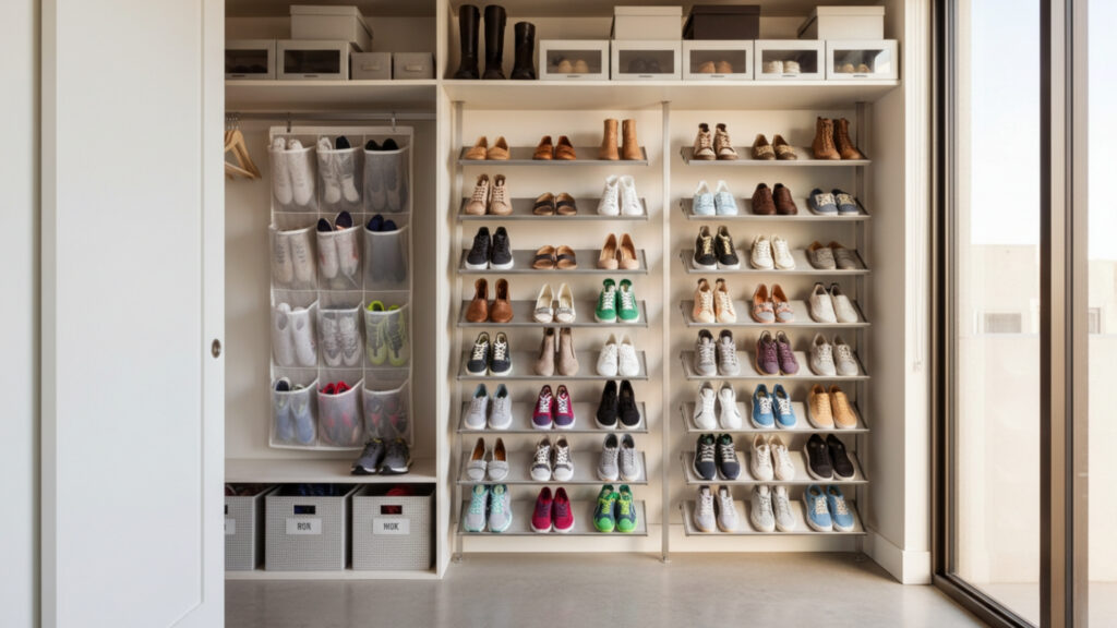 incorporate shoe storage solutions to free up floor space