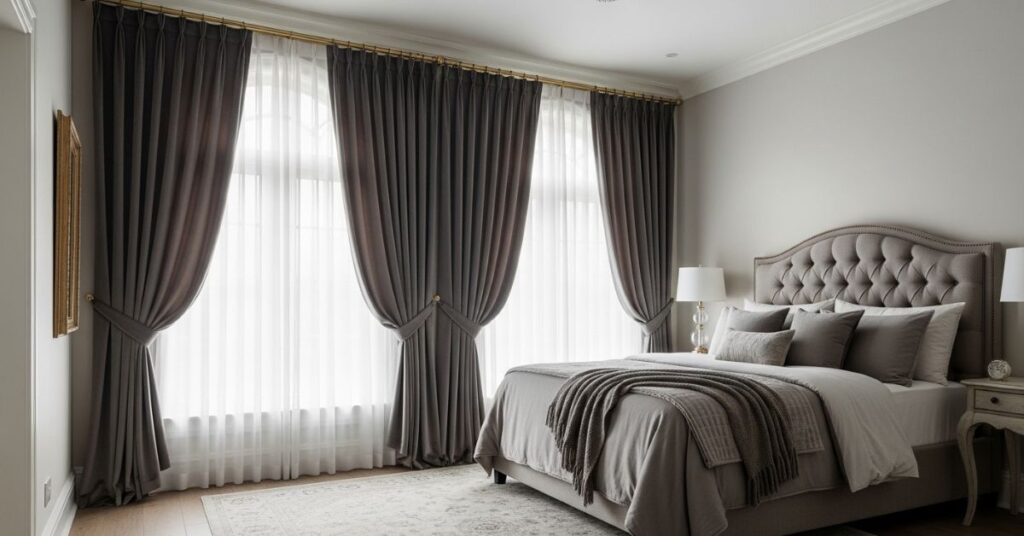 Arched Bedroom Windows with Dramatic Drapery