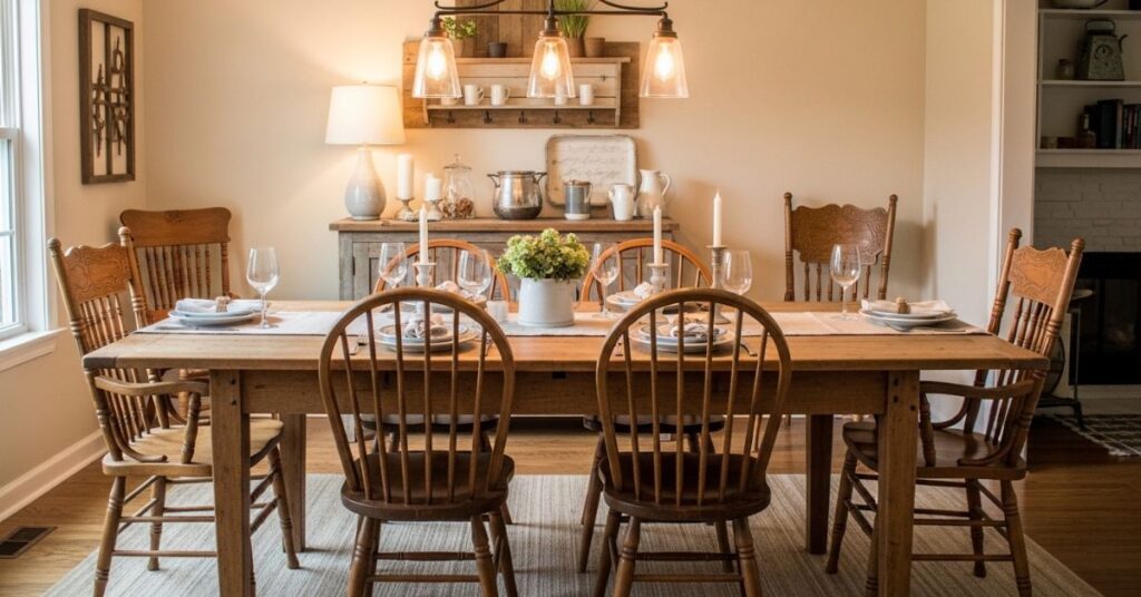 Country Dining Rooms with Vintage Tables and Mismatched Chairs