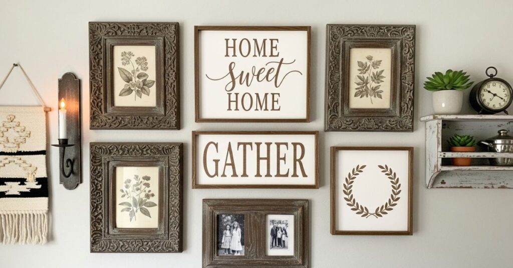 Country Wall Decor Using Antique Frames and Wooden Signs