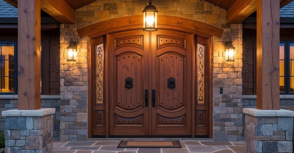 Double Wooden Entry Doors with Rustic Carvings