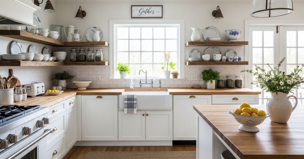 Farmhouse Inspired Country Kitchens with Open Shelving