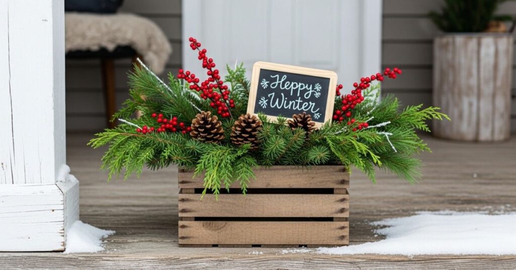 Farmhouse Wooden Crate Winter Planter Idea