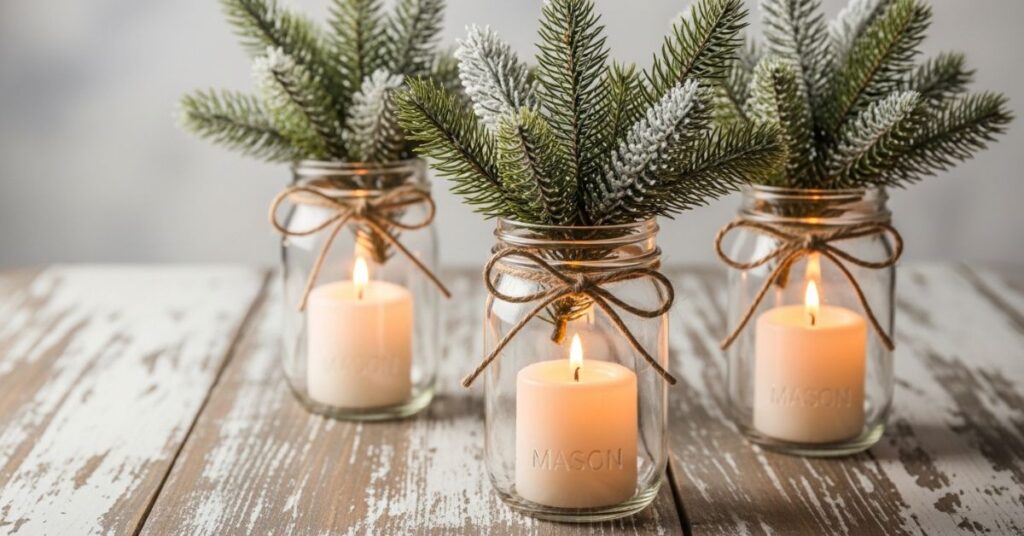 Mason Jar Christmas Decor with Candles and Greenery
