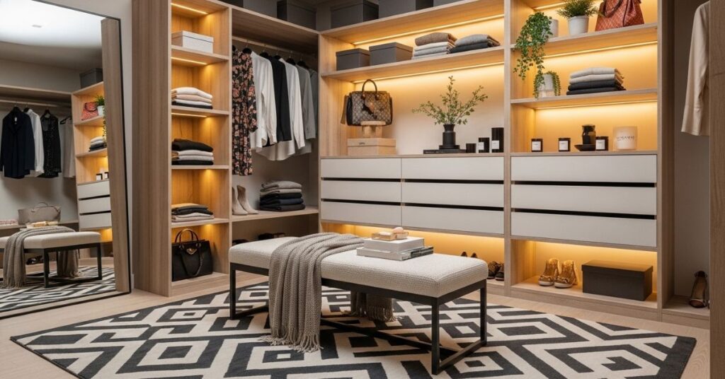 Modern Walk-In Closets With Statement Rugs and Seating