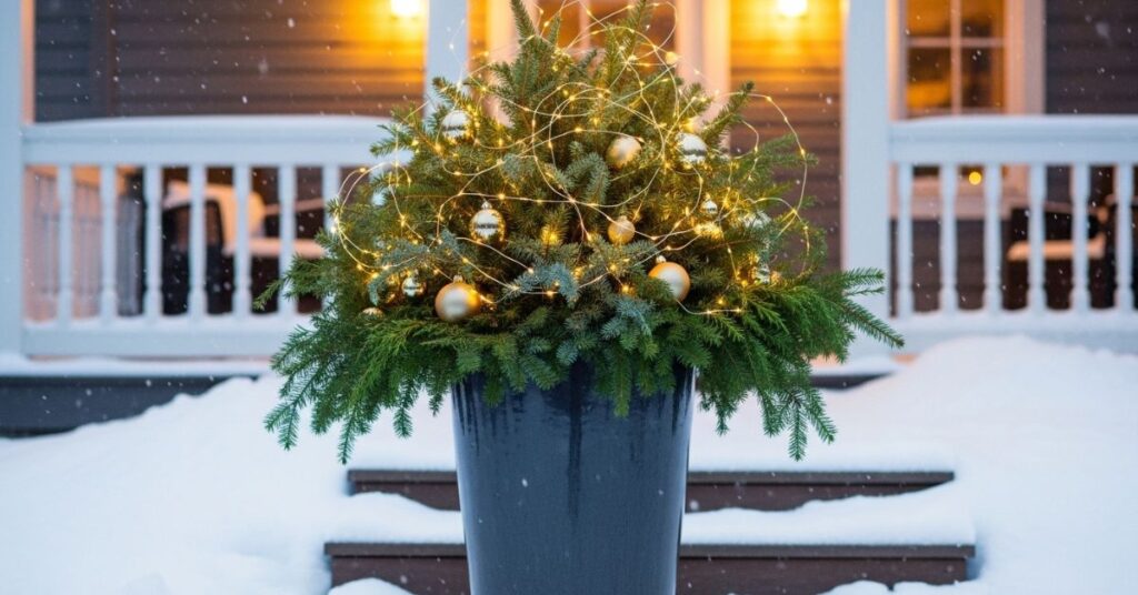 Outdoor Winter Planter with Twinkling Lights