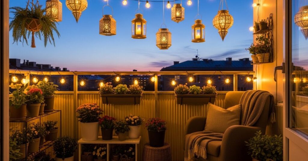 Romantic Evening Balcony Garden with Lights