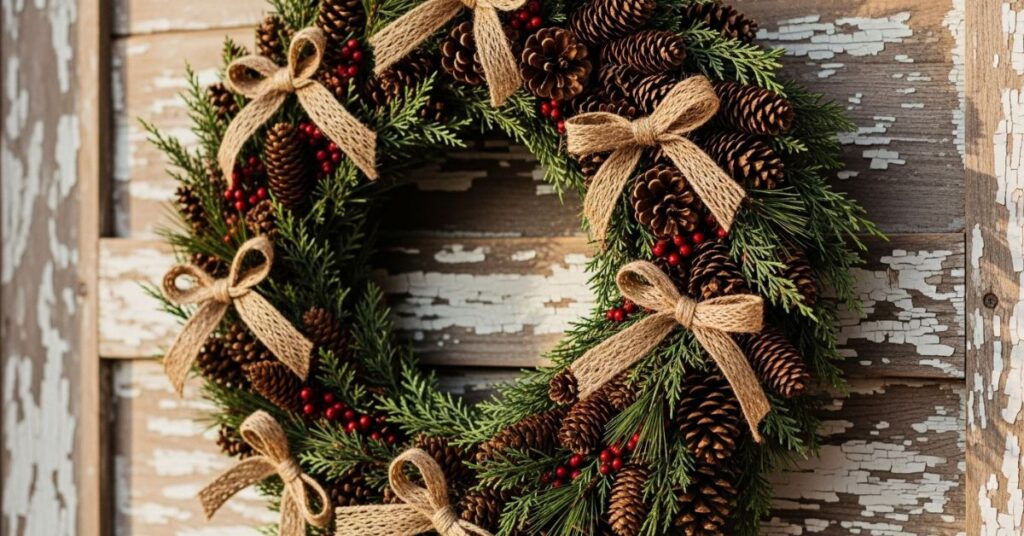 Rustic Christmas Wreaths with Pinecones and Twine