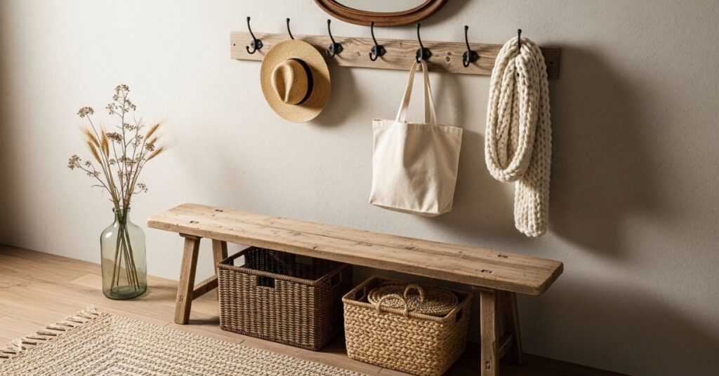 Rustic Country Entryways with Woven Baskets and Hooks