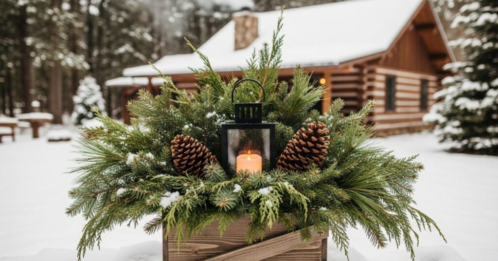 Rustic Pinecone and Lantern Holiday Planter