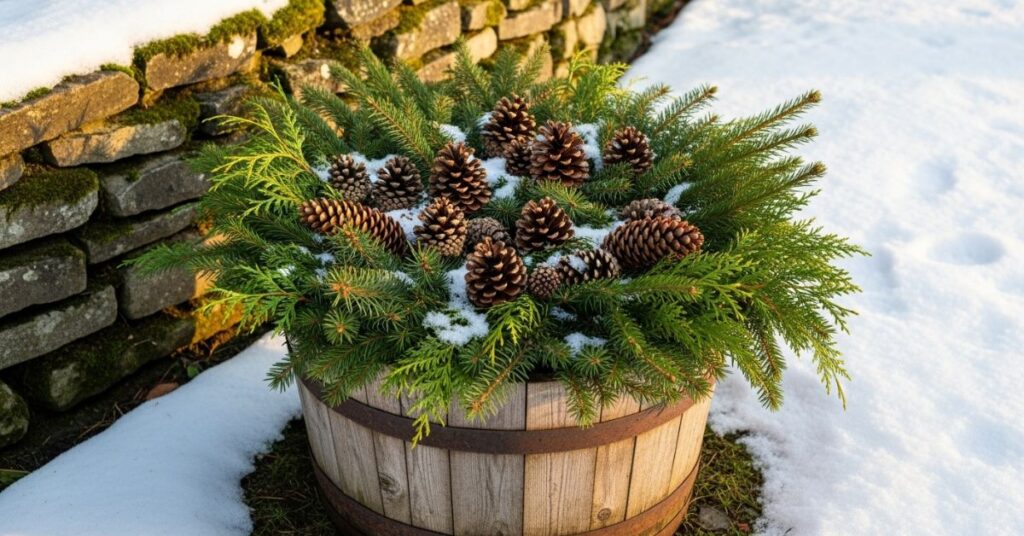 Rustic Winter Planters with Natural Textures
