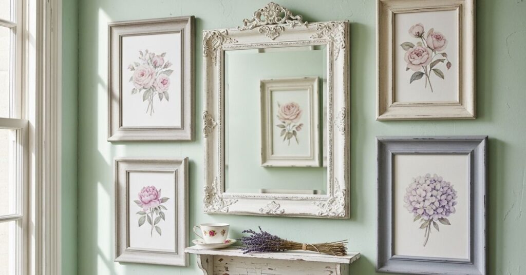 Shabby Chic Wall Decor Using Mirrors, Frames, and Art