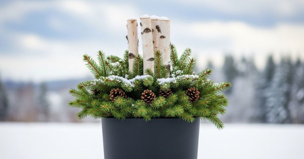 Snowy Birch Log and Pine Arrangement