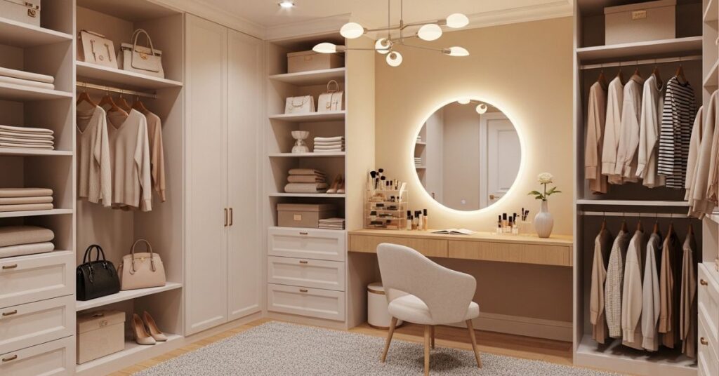 Walk-In Closets With Built-In Vanity Areas
