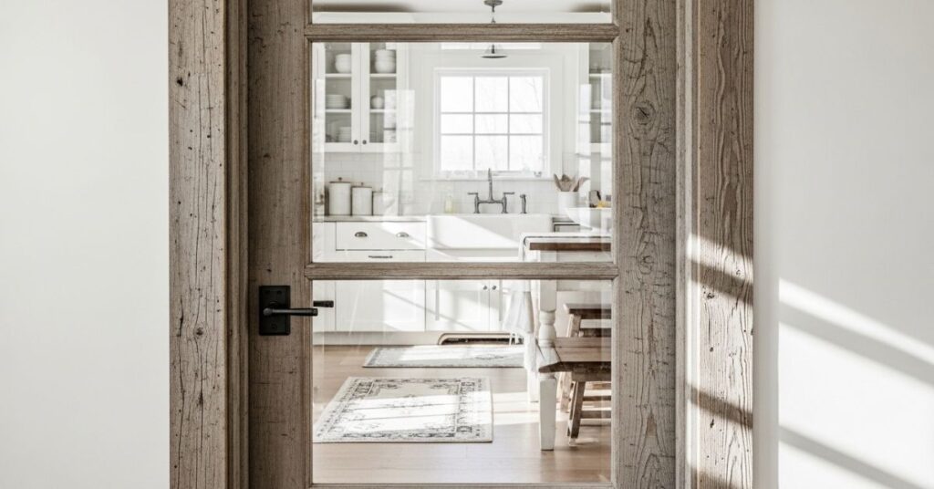 Wooden Doors with Glass Panels and Rustic Frames