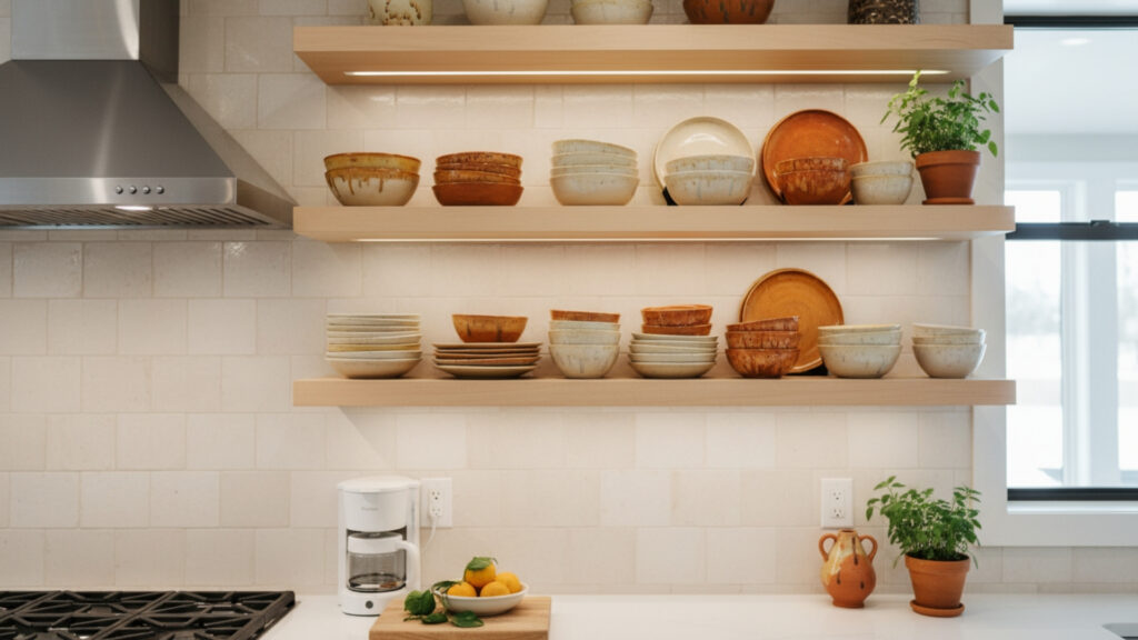 Displaying Bowls and Plates on Open Kitchen Shelves