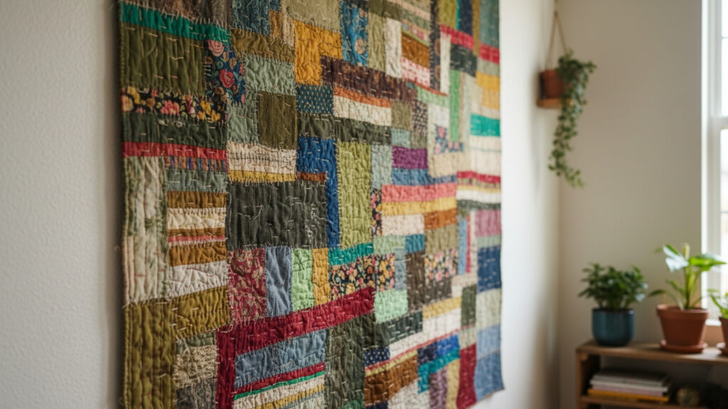 incorporating recycled fabrics in abstract quilt designs
